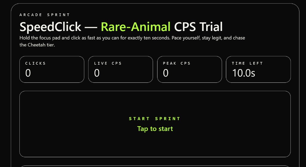 SpeedClick CPS trial with stats and start sprint pad