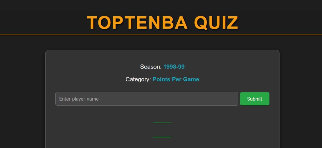 Top TeNBA quiz with season, category, and answer input