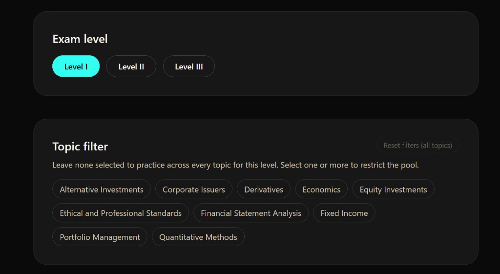 CFA exam level and topic filter study controls